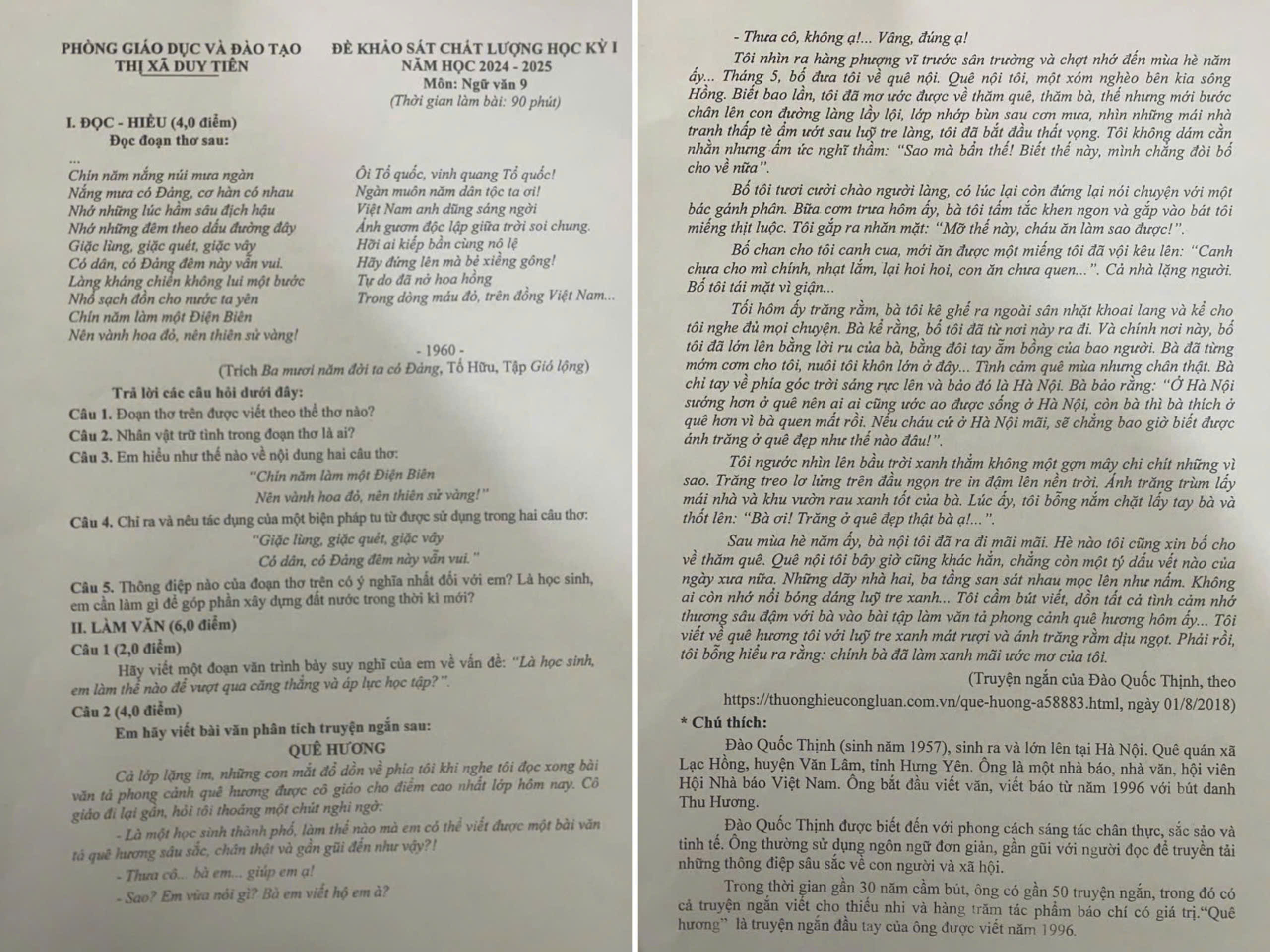 ĐỀ THI KHẢO SÁT CHẤT LƯỢNG MÔN NGỮ VĂN LỚP 9 (năm học 2024 - 2025)