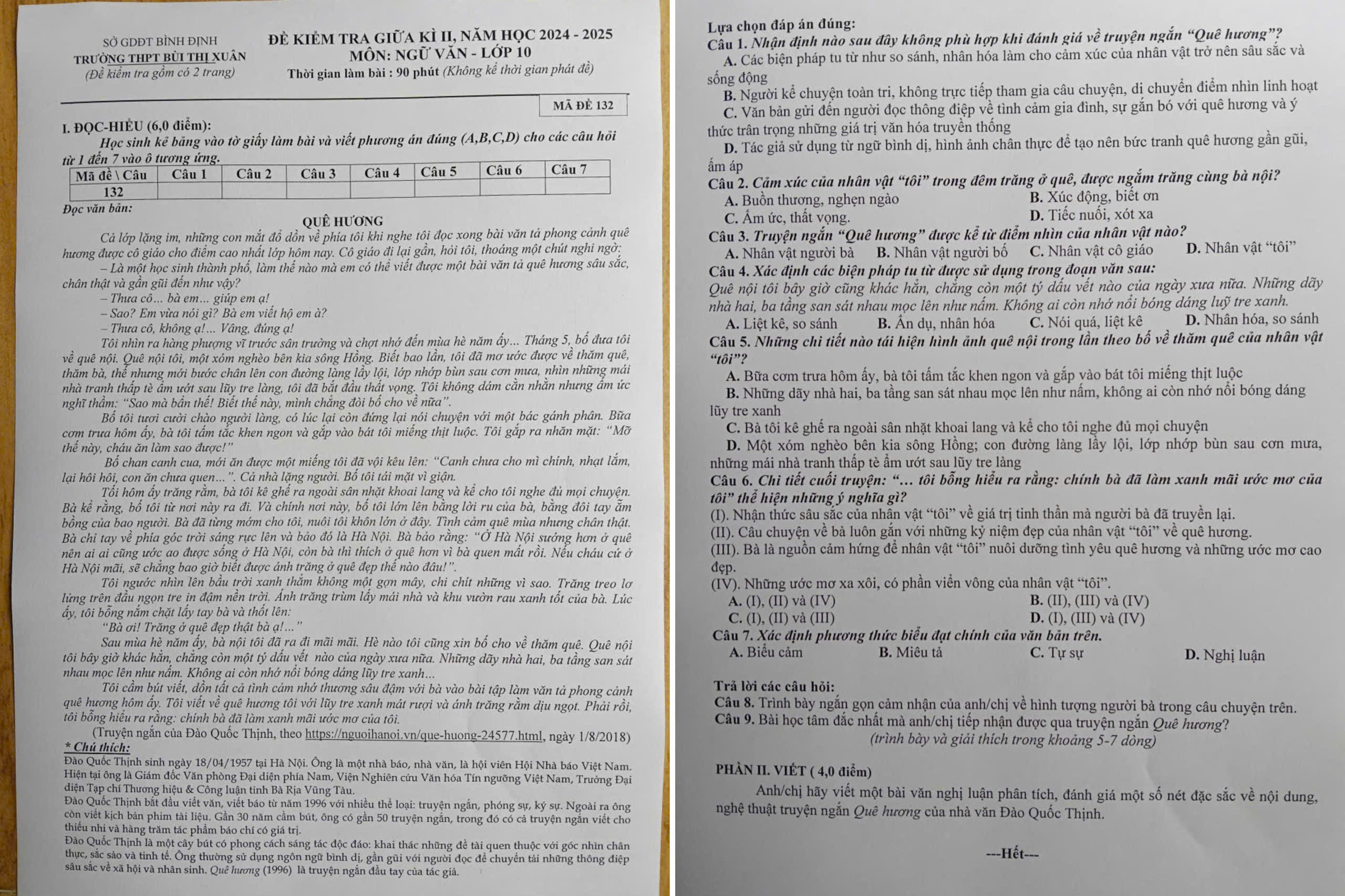 ĐỀ THI GIỮA KỲ 2 MÔN NGỮ VĂN LỚP 10 (năm học 2024 - 2025)
